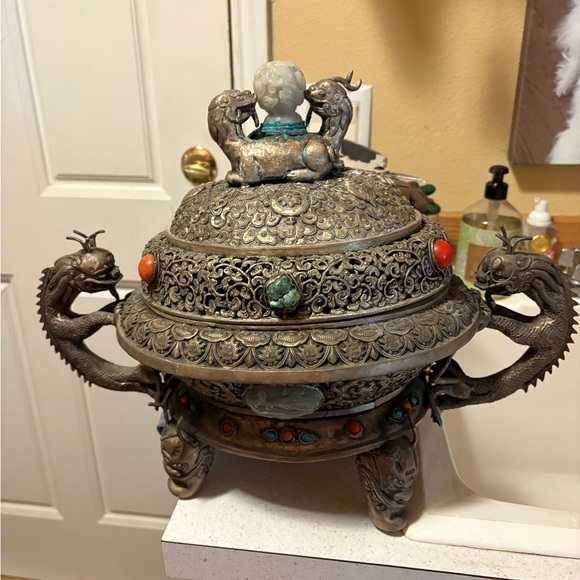Ornate Bronze Incense Burner with Dragon Handles - Picture 1 of 3